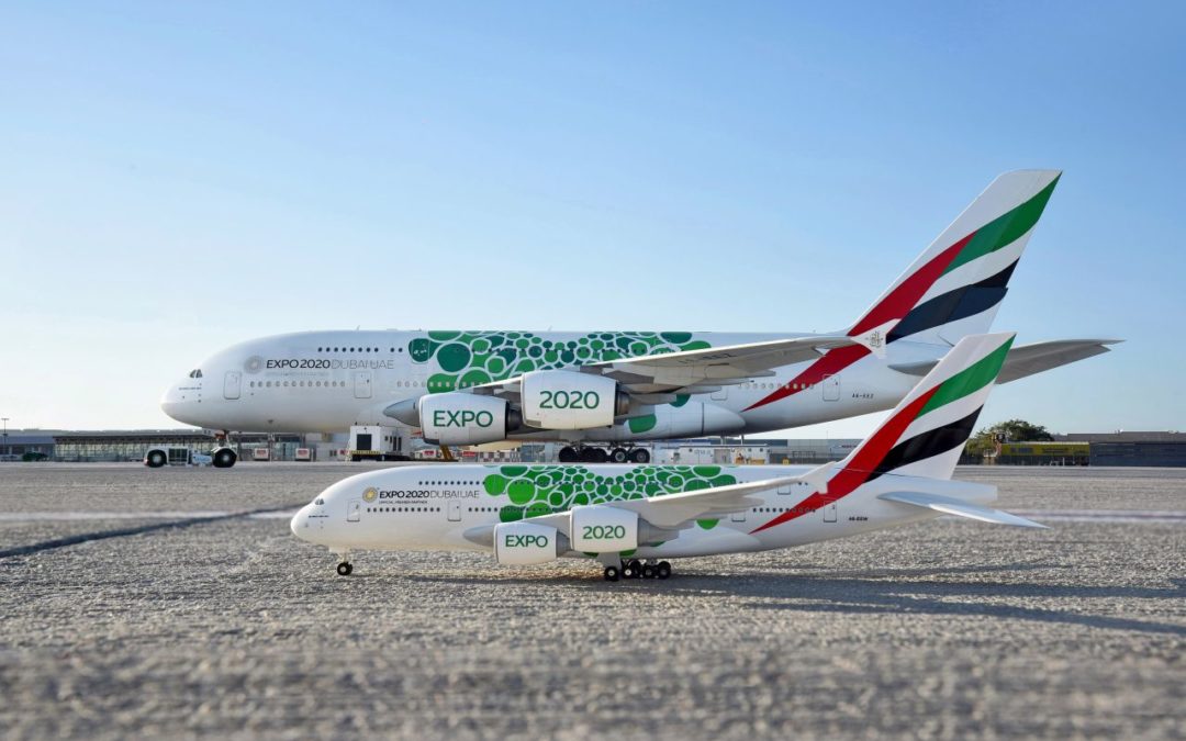 Emirates Flugzeugmodelle im Expo 2020 Design